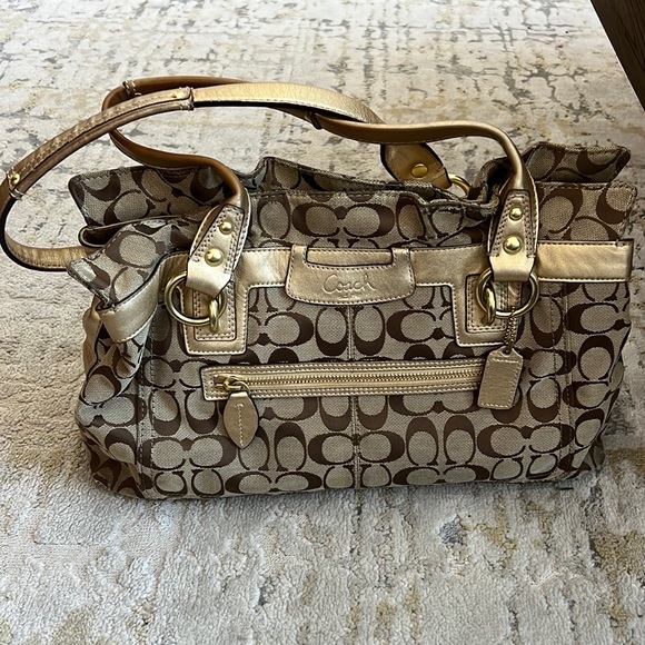Coach Khaki Gold Metallic Penelope Signature Leather Duffle Hobo Handbag - 14692